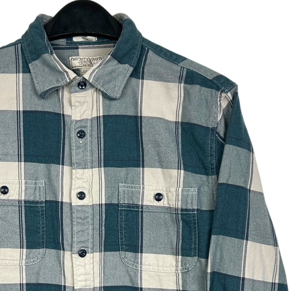 Wallace‎ & Barnes J.Crew Mens Large Slim Fit Flannel Shirt Teal Cream Plaid